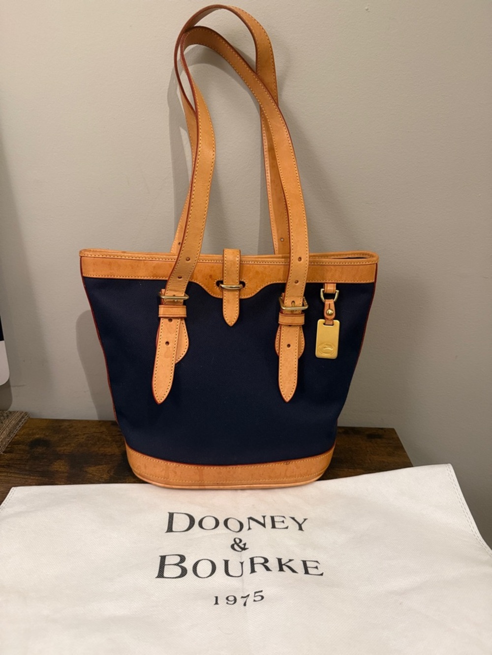 Dooney & Bourke Navy Tote with Tan Leather Trim